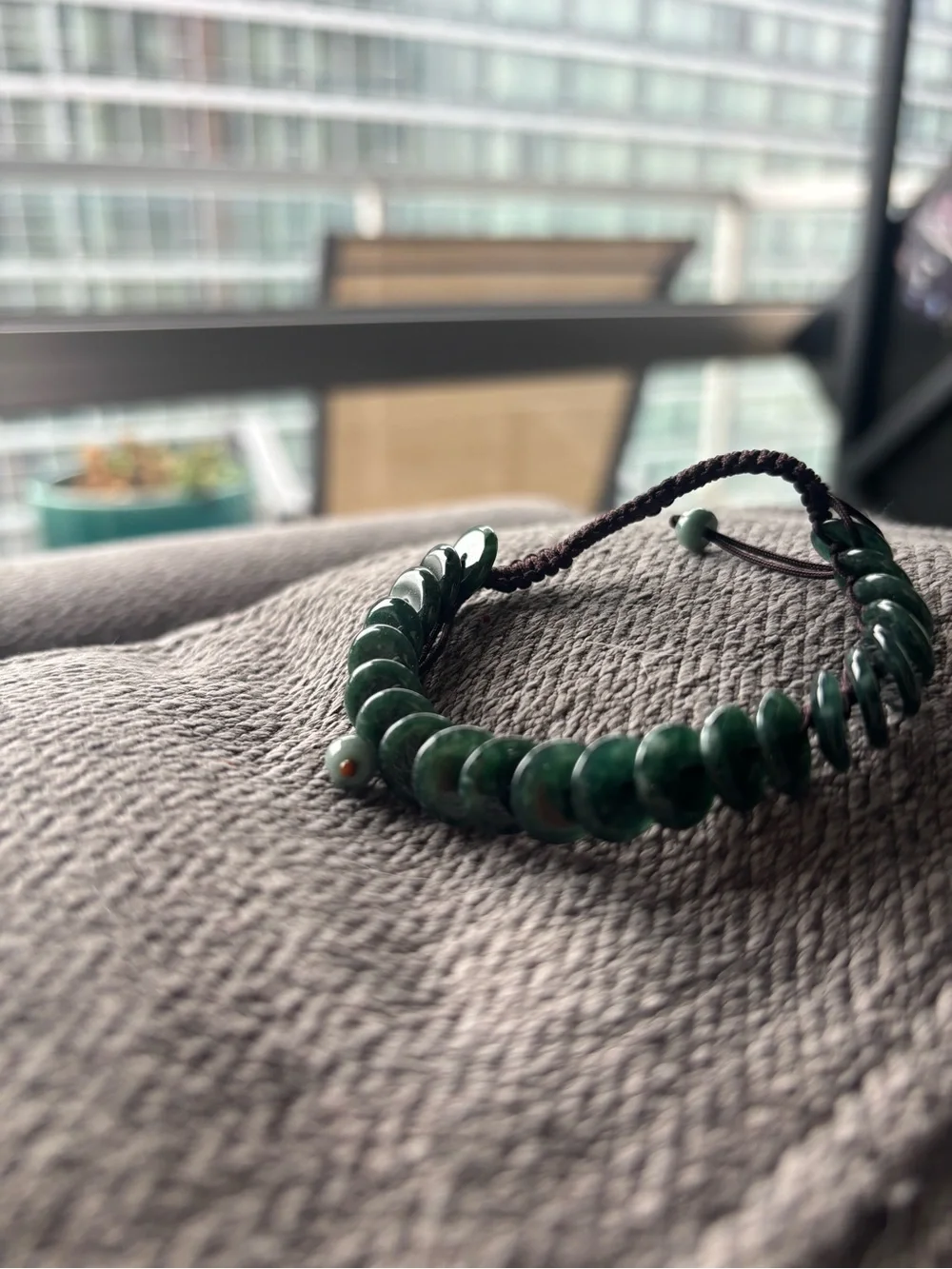 Dark Green Jadeite Beaded Adjustable Bracelet